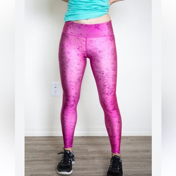 Terez Shiny Foil Workout Athleisure Mid Rise Leggings Pink Raspberry Size XS - Picture 2 of 11